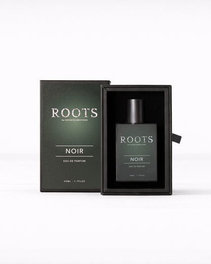 Noir Eau de Parfum bottle with deep smoky woody notes by ROOTS